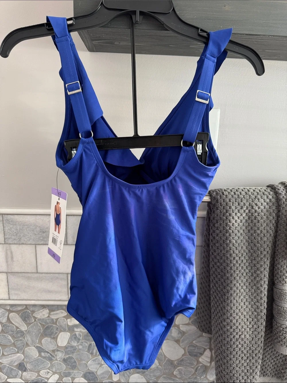 DKNY Royal Blue Ruffle V-Neck One-Piece Swimsuit - Picture 3 of 5